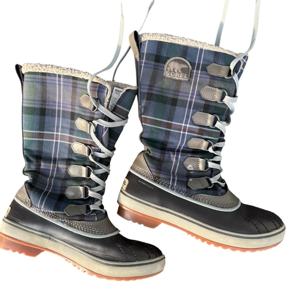 Sorel Women’s Tivoli High Waterproof Winter Boots – Brown w/ blue-grn plaid sz 6